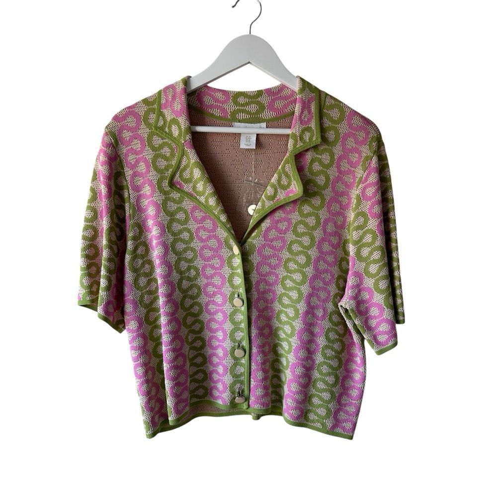 House of Harlow 1960 Wavy Print Short Sleeve Knit Top Cardigan Size M Pink Green